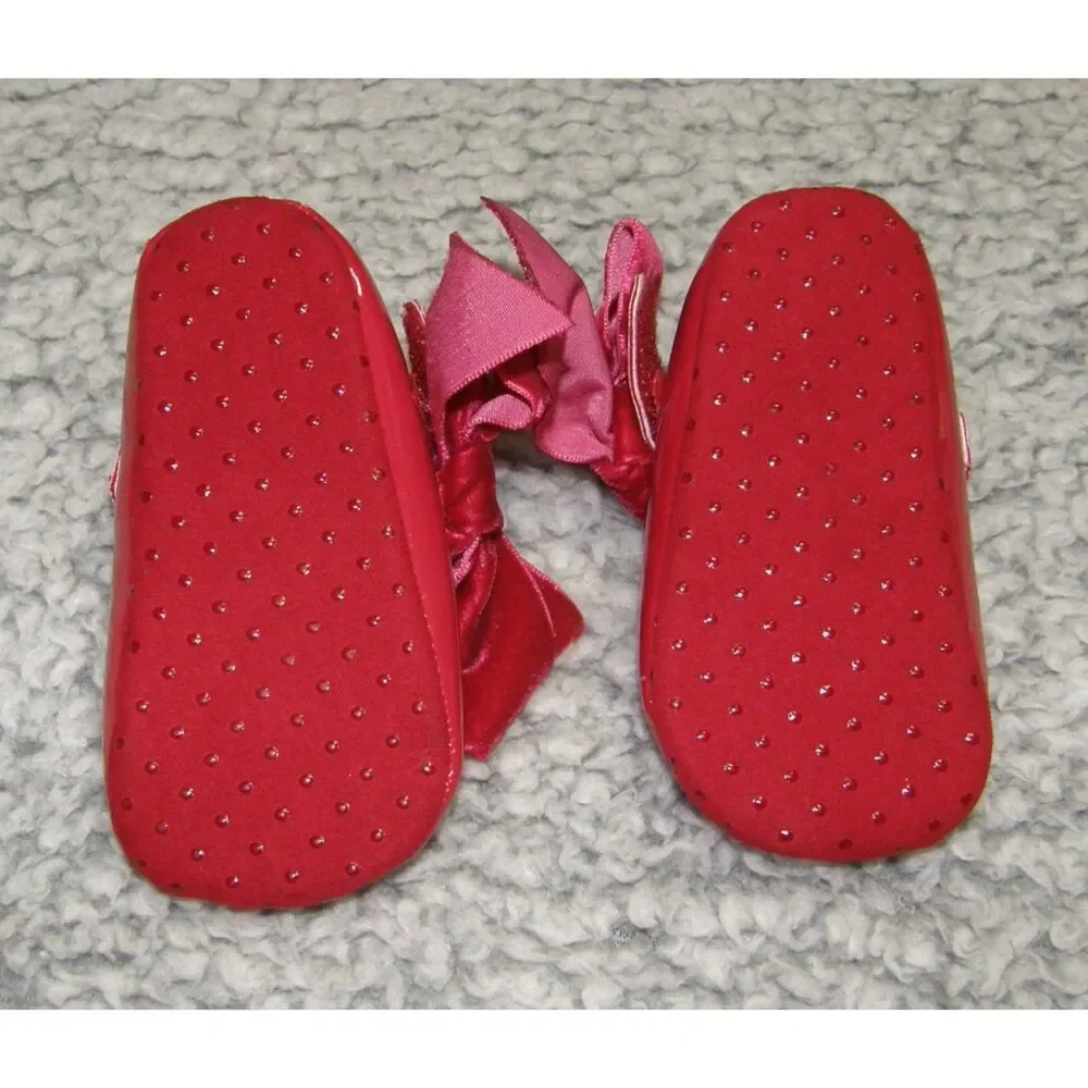 Baby Girls Sz 6-9 Months Black Mary Jane & Dressy Red Bow Soft Sole Shoes